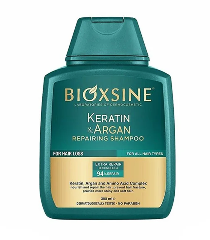 شامپو ترمیم کننده و ضد ریزش مو بیوکسین BIOXCIN حاوی آرگان و کراتین حجم 300 میل اصل